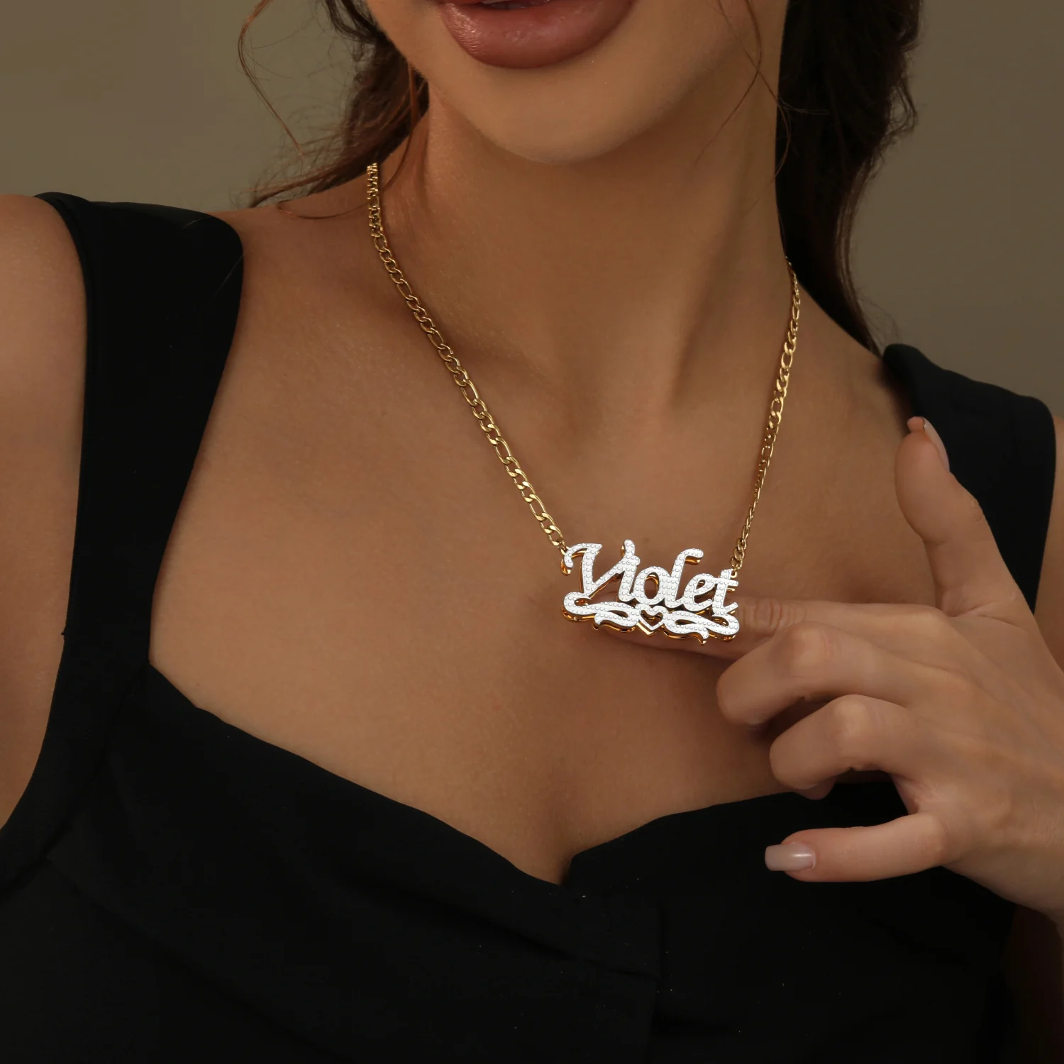 Double Plated Heart Title Name Necklace w/ Figaro Chain - Image 2