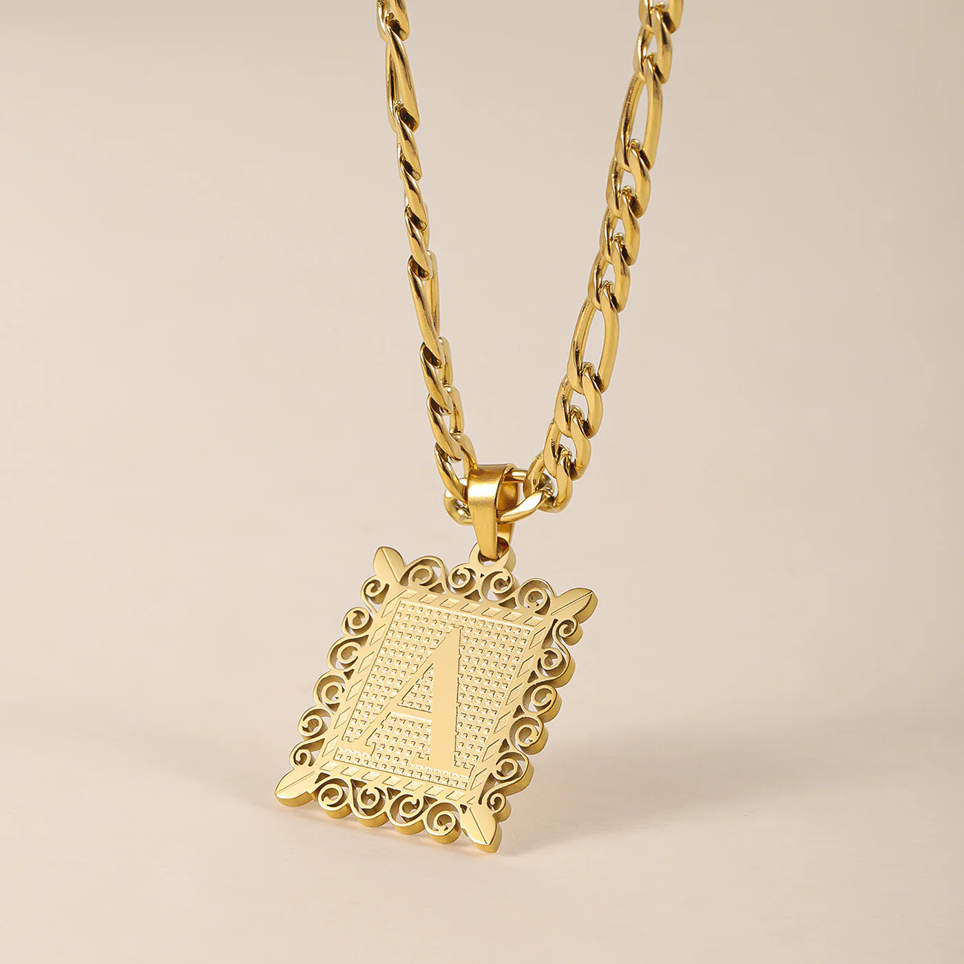 Kids Embossed Initial Necklace w/ Figaro Chain - Image 4
